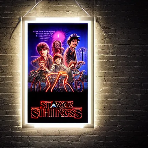 Image similar to stranger things poster hanging on a dark neon light brick wall