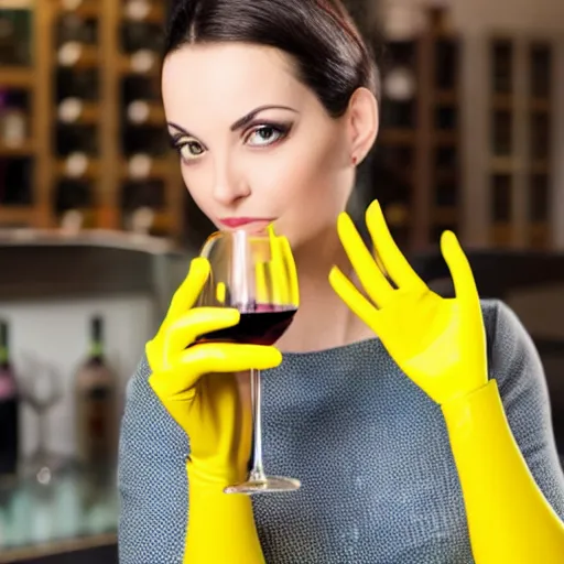 Prompt: Breathtakingly beautiful lady with beautiful face in yellow latex gloves holding a wonderful glass of wine