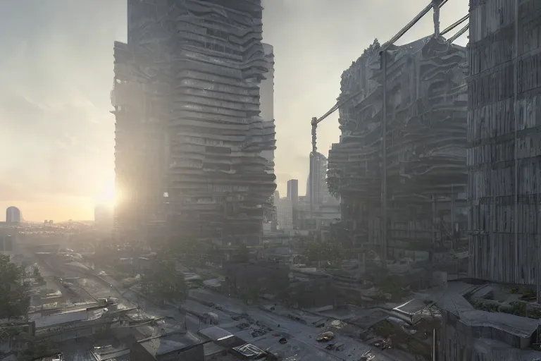 Image similar to streetscape, a towering cathedral of brutalist architecture, buildings covered with greebles, stunning volumetric light, sunset, metal, concrete and translucent material, stunning skies, majestic landscape, trending on Artstation, 8k, photorealistic, hyper detailed, unreal engine 5, IMAX quality, cinematic, epic lighting, in the style of Greg Rutkowski