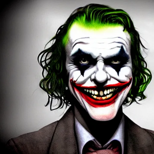 Image similar to joker, smiling, unnatural grin, horror, creepy, smoke, black, dark, glow