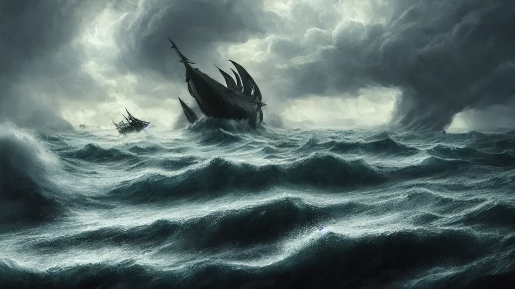 Prompt: small boat in the foreground, giant massive kraken in the rising out a stormy ocean,, stormy weather, intricate, detailed, volumetric lighting, sharp focus, scenery, digital painting, highly detailed, concept art, ruan jia, steve mccurry