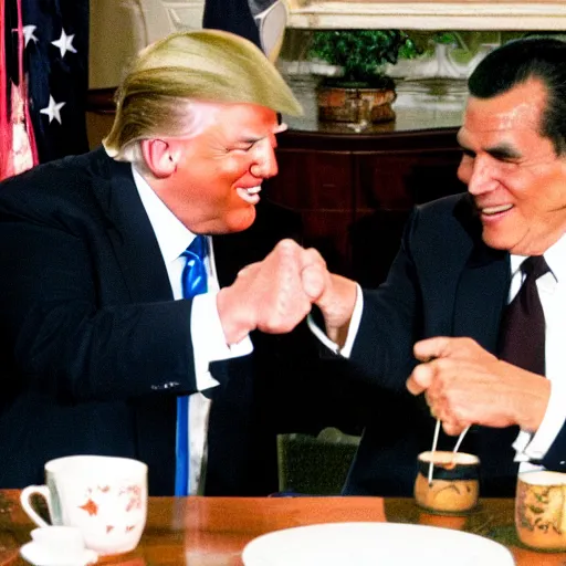 Image similar to donald trump drinking chinese tea with richard nixon, fist - bumping, happy, smiling laughing