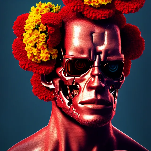 Image similar to portrait of the terminator with a a flower afro made out of various flowers, eating flowers, dramatic cinematic lighting, bold colors, 8 k, beautiful intricate painting, hyper realistic, octane render