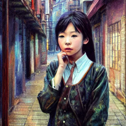 Prompt: a perfect, realistic professional oil painting in impressionism style, of a Japanese schoolgirl posing in a dystopian alleyway, close-up, by a professional American senior artist on ArtStation, a high-quality hollywood-style concept