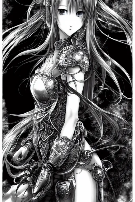 Image similar to a vertical portrait of a character in a scenic environment by Yoshitaka Amano, black and white, dreamy, cybernetic plate armor, wavy long black hair, highly detailed