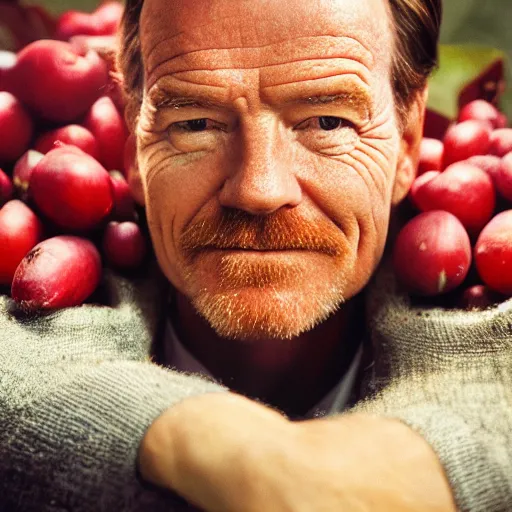 Prompt: closeup portrait of bryan cranston happy face surrounded by cranberries, food photography, natural light, sharp, detailed face, magazine, press, photo, steve mccurry, david lazar, canon, nikon, focus