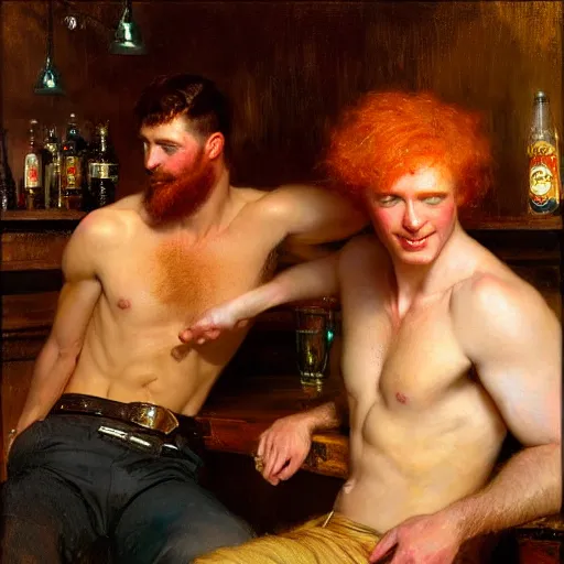 Prompt: handsome mike, wearing pants, with ginger hair with handsome tyler with black hair, drinking their hearts out, in a pub, no shirt. very defined and highly detailed painting by gaston bussiere, j. c. leyendecker, craig mullins 8 k