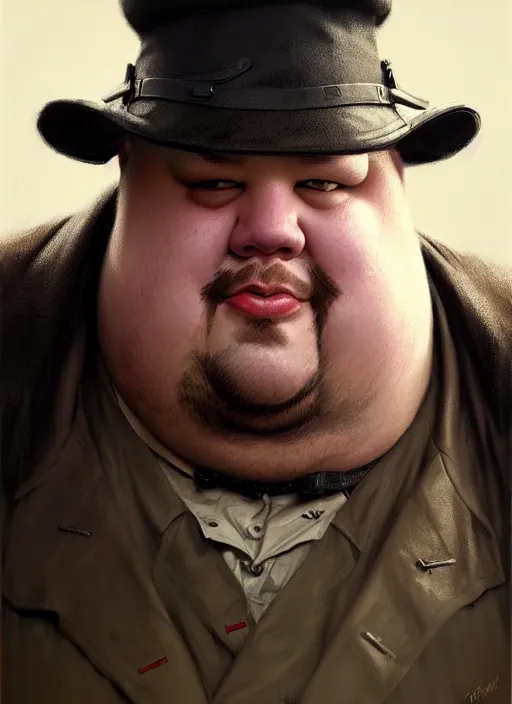 Image similar to portrait of a fat man wearing a a trenchcoat and a military cap, victorian, concept art, detailed face, fantasy, close up face, highly detailed, cinematic lighting, digital art painting by greg rutkowski