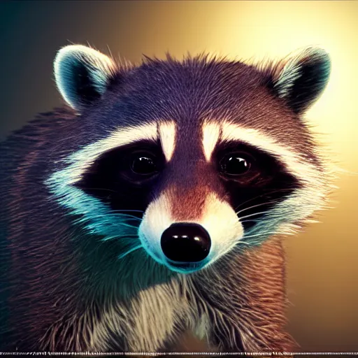 Image similar to a hyperrealistic octane render of a raccoon with camera lenses for eyes, photorealism, unreal engine, dramatic lighting, volumetric lighting, uplighting