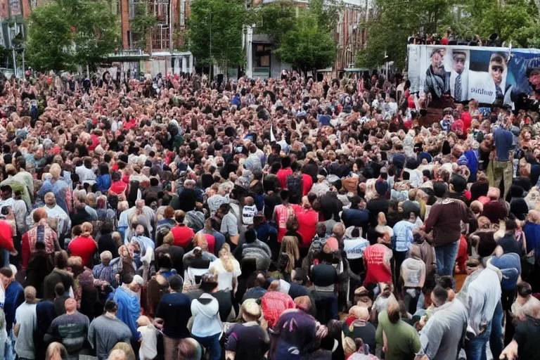 Image similar to a crowd of people surrounding a giant bulldog and the bulldog is five times larger then the people