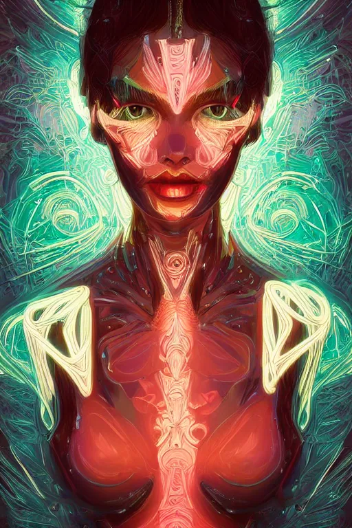 Image similar to portrait of female humanoid from 9 0 s era, intricate, elegant, neon lights, highly detailed, digital painting, artstation, glamor pose, concept art, smooth, sharp focus illustration, art by katsuhiro otomo