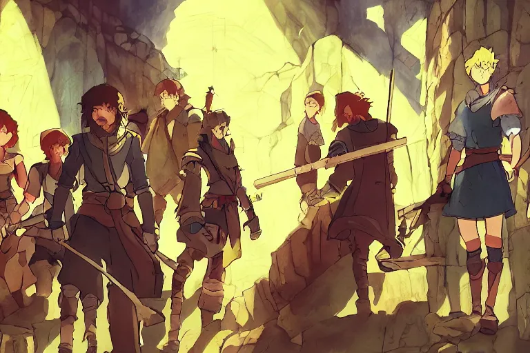 Image similar to cell shaded key visual of a group of adventurers in a dungeon, dramatic lighting, in the style of studio ghibli, moebius, makoto shinkai,