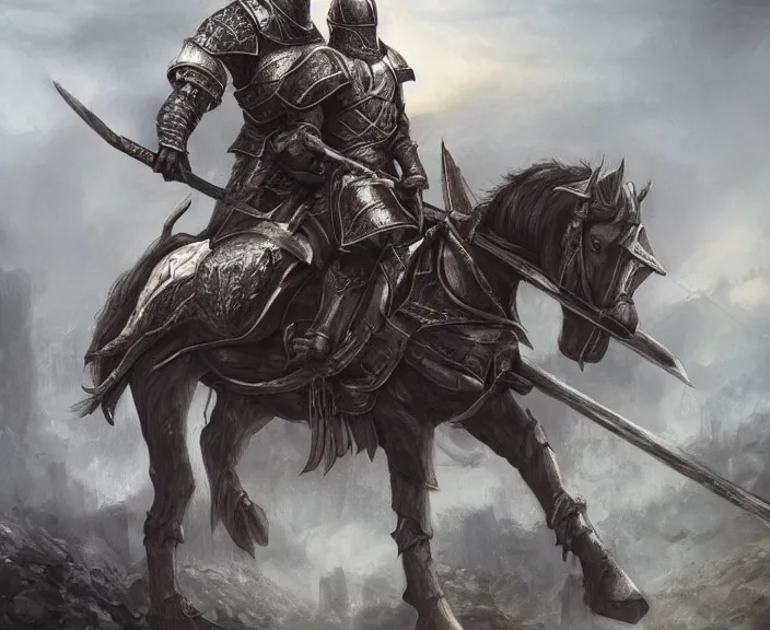 Prompt: knight on horseback, fantasy art, very detailed, beautiful, dark souls, lush landscape, trending on artstation, pixiv