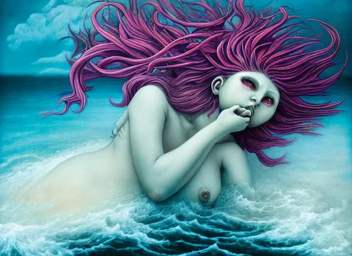 Image similar to realistic detailed image of a mermaid with rainbow hair swimming in an angry, stormy sea, anime art, anime, inspired by Mark Ryden and Zdzislaw Beksinski and Zdzislaw Beksinski, gothic, rich deep colors. A masterpiece.