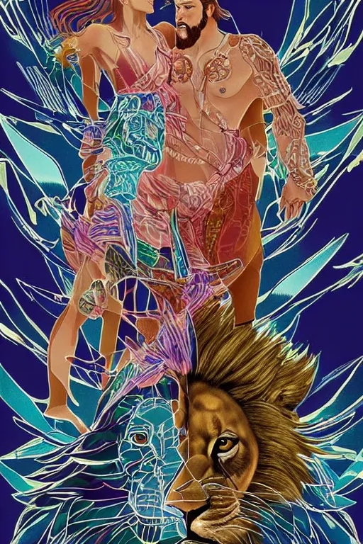 Image similar to hyperreality illustrator from karah mew in collaboration with jennifer mccord and tetsuya nomura, depicting hercules against the cremean lion, this image is very detailed and also very aesthetic, winning an award as the best pop art illustration of this century.