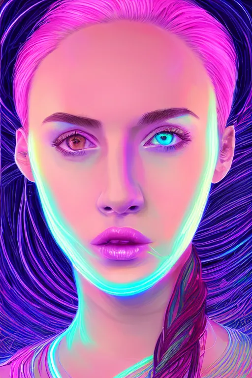 Image similar to a award winning half body portrait of a beautiful woman with stunning eyes in a croptop and cargo pants with ombre purple pink teal hairstyle by thomas danthony, surrounded by whirling illuminated lines, outrun, vaporware, shaded flat illustration, digital art, trending on artstation, highly detailed, fine detail, intricate