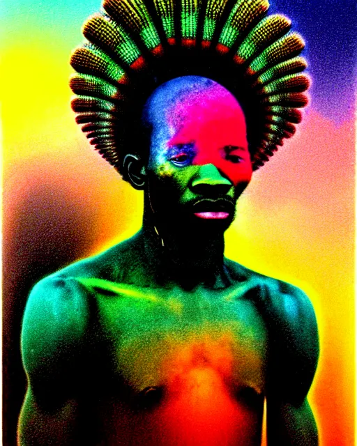 Prompt: a colorful chromatic abberation, 9 0 s toy commercial, double exposure photo from the 7 0 s, polaroid painting portrait of a african tribal warrior, by zdzislaw beksinski, by ernst haeckel