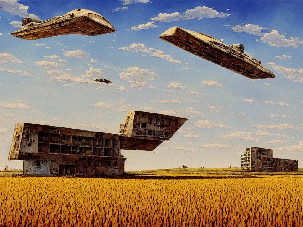 Image similar to A fantastic painting of a dilapidated post-modern building on a wheat field with an abandoned spaceship parked on the roof of the building, by Robert McCall, Trending on artstation, very detailed