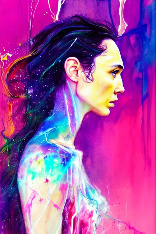 Image similar to gal gadot by agnes cecile enki bilal moebius, intricated details, 3 / 4 back view, full body portrait, extremely luminous bright design, pastel colours, drips, autumn lights