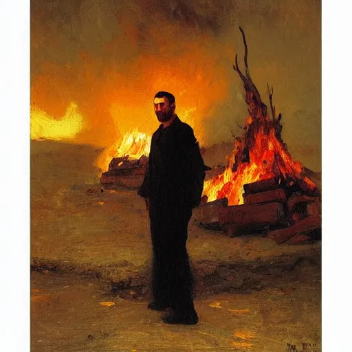 Image similar to high quality high detail painting by ilya repin, man standing in front of huge fire, hd