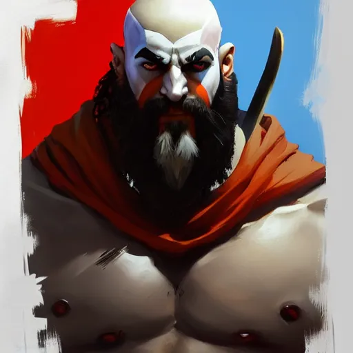 Image similar to Greg Manchess portrait painting of Kratos as Overwatch character, medium shot, asymmetrical, profile picture, Organic Painting, sunny day, Matte Painting, bold shapes, hard edges, street art, trending on artstation, by Huang Guangjian and Gil Elvgren and Sachin Teng