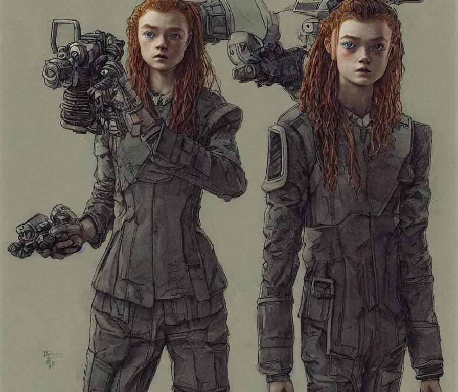 Prompt: sadie sink dressed in oversized school uniform : costume concept for a scifi cyberpunk film. by greg staples and elsa beskow. sharp focus, cinematic atmosphere, detailed and intricate, perfect anatomy