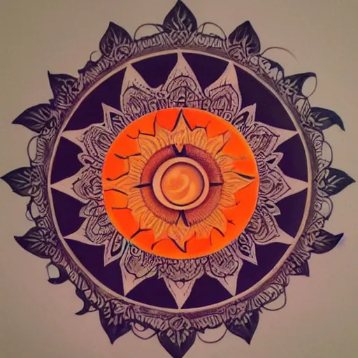 Image similar to a sun and moon mandala, tattoo style, color restoration, orange purples reds, glowing, double exposure, high quality ink