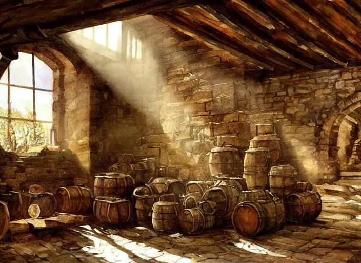 Prompt: watercolor painting of rustic whiskey cellar, ruins, wooden crates and barrels, stone walls, lantern, very beautiful ambient lighting, sun rays, dust, art by anders zorn, wonderful masterpiece by greg rutkowski, cinematic light, american romanticism by greg manchess, creation by tyler edlin, aquarelle