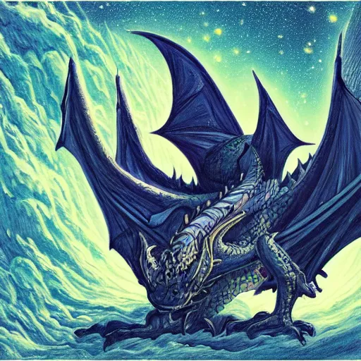 Prompt: A beautiful illustration of a dragon in space by Justin Gerard. The dragon is in the foreground with its mouth open, revealing rows of sharp teeth. Its body is coiled and ready to strike, and its tail is wrapped around a star in the background. The colors are bright and the background is full of stars and galaxies. The overall effect is one of chaotic energy and movement. metaphysical painting by Pete Turner realistic, ornate