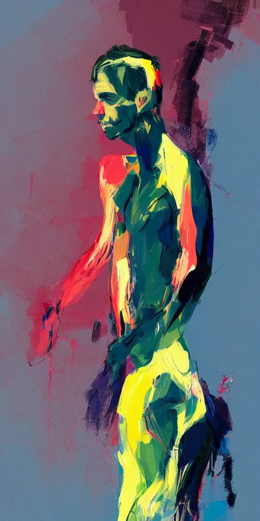 Prompt: closeup, very few thick long paint brush strokes, abstract depiction of the physique of one!!! very thin athletic man posing dramatically, closeup, matte colors, conrad roset, dark abstract background, abstract painting trending on artstation