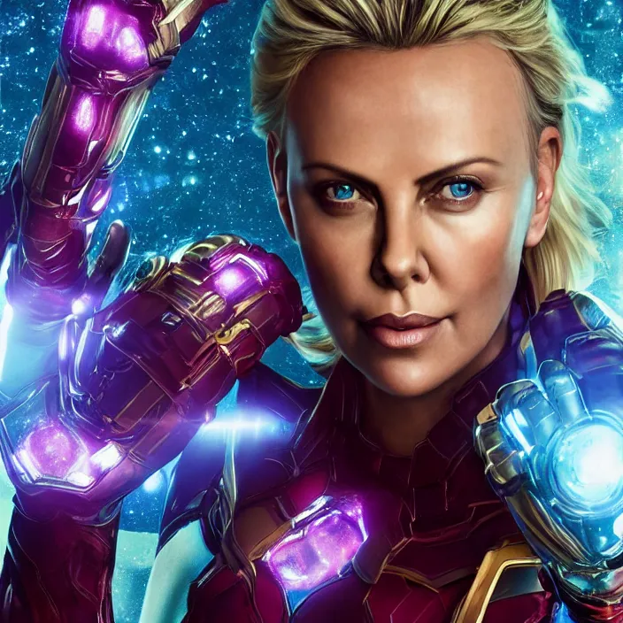 Prompt: portrait of (Charlize Theron), wearing The Infinity Gauntlet. intricate artwork. high detail, HD, octane render, trending on artstation, very coherent symmetrical artwork. avengers. thanos. cinematic, hyper realism, high detail, octane render, 8k, iridescent accents