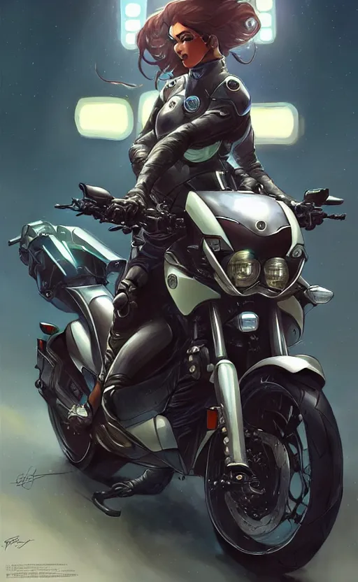 Image similar to Police female riding yamaha motorcycle, sci-fi, highly detailed, digital painting, artstation, concept art, smooth, sharp focus, illustration, art by artgerm and greg rutkowski and alphonse mucha