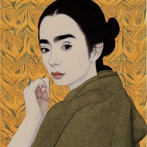 Prompt: “ lily collins portrait by ikenaga yasunari and ayana otake and ko rakusui, 6 0 s poster, drawing, realistic, sharp focus, japanese, dreamy, nostalgia, faded, golden hues, floral clothes, porcelain skin ”