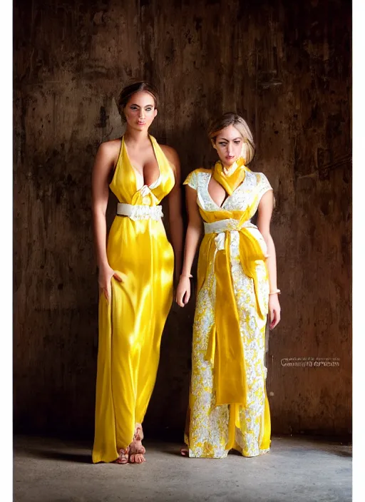 Image similar to portrait of lindsey pelas and emma watson wearing white kebaya and yellow silk belt, jakarta, by charlotte grimm, natural light, detailed face, beautiful features, symmetrical, canon eos c 3 0 0, ƒ 1. 8, 3 5 mm, 8 k, medium - format print,