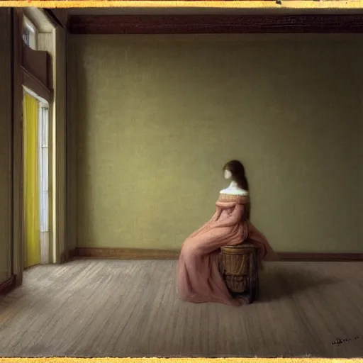 Image similar to beautiful girl in an empty room, daguerreotype by segantini, by Edward hopper, by Klimt, art noveau, highly detailed, strong lights, liminal, eerie, Bright pastel colors, octane render, 8k