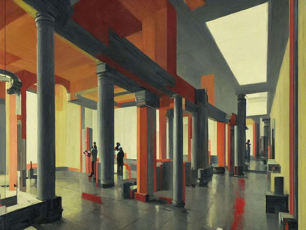 Image similar to colorful minimalist industrial interior hallway with monolithic pillars in the style of ridley scott and stanley kubrick, impossible stijl architecture, crowded with victorian era figures, ultra view angle view, realistic detailed painting by edward hopper