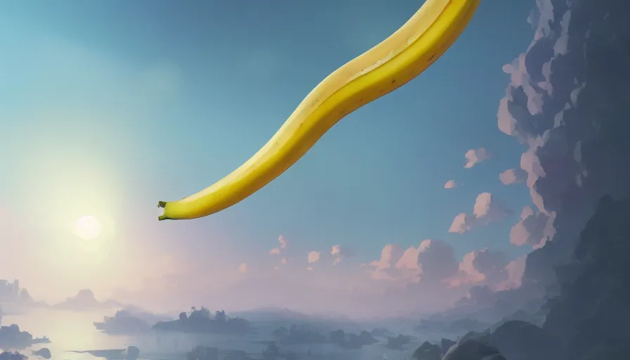 Prompt: A highly detailed matte oil painting of a banana by Mokoto Shinkai, hyperrealistic, breathtaking, beautiful composition, by Artgerm, by beeple, by Studio Ghibli, volumetric lighting, octane render, 4K resolution, trending on artstation