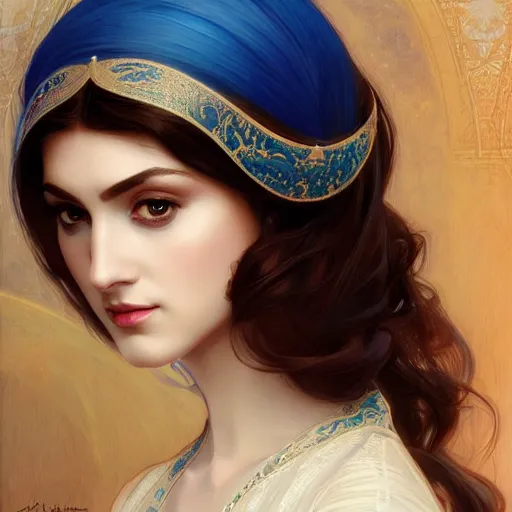 Image similar to ameera al taweel, bright blue eyes, long wavy black hair, white veil, digital painting, artstation, concept art, smooth, sharp focus, illustration, ArtStation, art by artgerm and greg rutkowski and alphonse mucha and Edmund Blair Leighton