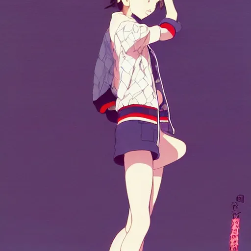 Image similar to a beautiful! boyish! natalie portman alluring gravure! model, wearing oversized mayan bomber jacket and leotard with overalls, bulky poofy bomber jacket with mayan patterns, aztec street fashion, trending on pixiv fanbox, painted by greg rutkowski makoto shinkai takashi takeuchi studio ghibli, akihiko yoshida