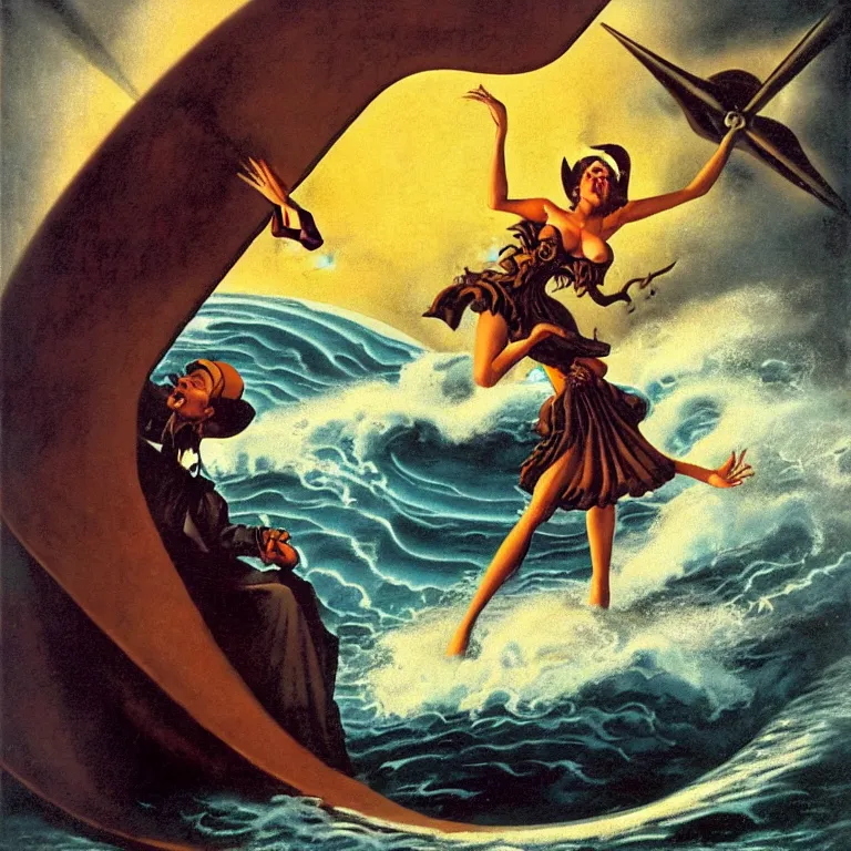 Image similar to a pirate witch summoning a giant wave by remedios varo and art frahm and earl moran and fritz willis and gil elvgren