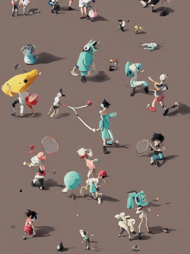 Image similar to cute anime monsters playing tennis by Goro Fujita and Simon Stalenhag and Banksy and Hieronymous Bosch, 8k, trending on artstation, hyper detailed, cinematic