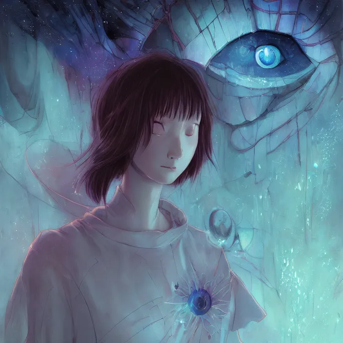 Image similar to Close up Iwakura Lain, epcot, inside a space station, eye of providence, Beksinski Finnian vivid Wojtek William to eye, Rei Ayanami, Beksinski Finnian MacManus Ruan Jia, by android jones, by moebius, detailed full body portrait of elegant king of the elves unseelie fairy, evening formal robes, digital illustration, Howl's Moving Castle, tranquil divine observer Nymph by ismail inceoglu nicola samori dragan bibin hans thoma greg rutkowski Alexandros Pyromallis Nekro Rene Margitte illustrated, official anime key media, hellscape, mind character, Environmental occlusion theme Jia, a William mans character, Artstation station female hyperdetailed with , rei ayanami