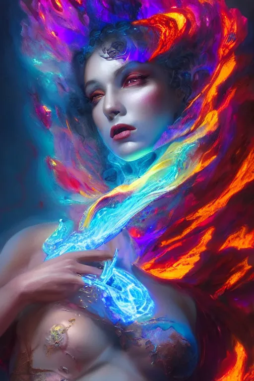 Prompt: torso closeup model wearing exploding rainbow glass into fire lava dress, sorcerer, diamonds, angel, fantasy, dramatic lighting, highly detailed, digital painting, holding electricity, magic the gathering, hyper detailed, 3 d render, hyper realistic detailed portrait, peter mohrbacher, wlop, ruan jia