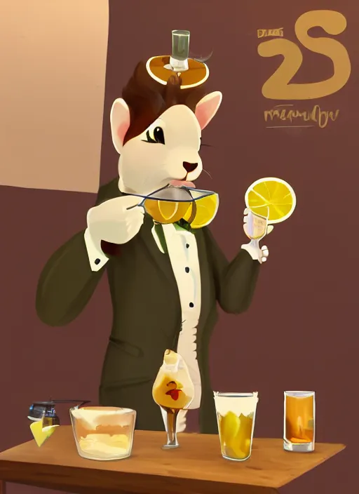 Image similar to a cute squirrel anthro as a dapper bartender 🐿🍸🍋, furaffinity, trending on artstation