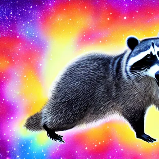 Image similar to fat raccoon skating through space, colorful, realistic, photorealism