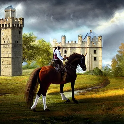 Image similar to plano general de un caballero montado a caballo, colina de fondo con castillo medieval. digital art, art station, realista,