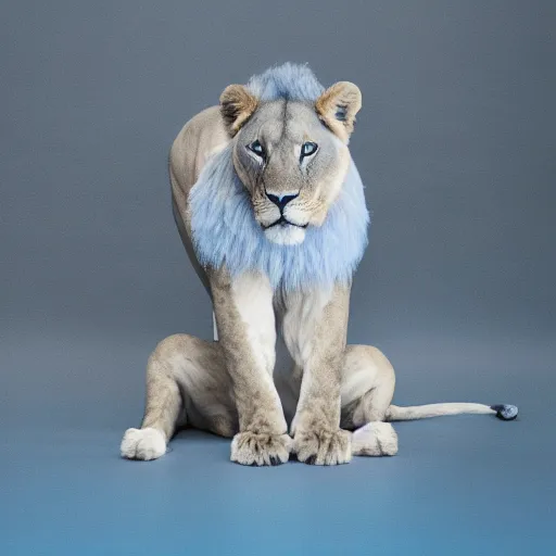Image similar to studio photograph of a light blue lioness with wings sitting in a white room