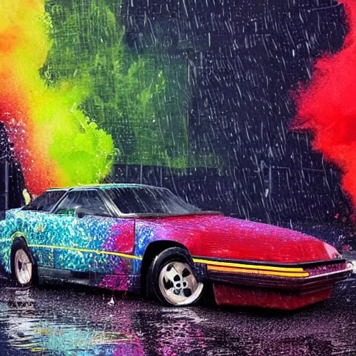 Prompt: hyperrealistic explosions of a expensive, colorful sports car, the explosions is made out of colorful particles, the scene is set in a seedy new york of 1 9 8 0 s, the weather is rainy and the street full of puddles, the puddles and buildings are reflecting the explosion