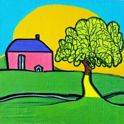 Prompt: a painting of a beautiful cottage, with a lush grass lawn, featuring a tree in the style of pop art