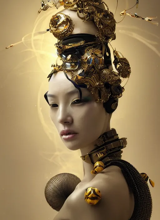 Image similar to portrait of a sensual futuristic geisha cyborg with headpiece, kintsugi, modern fine art, fractal, in the style of ghosts in the shell, intricate ornaments, elegant, highly detailed, digital photography, subsurface scattering, by jheronimus bosch and greg rutkowski,